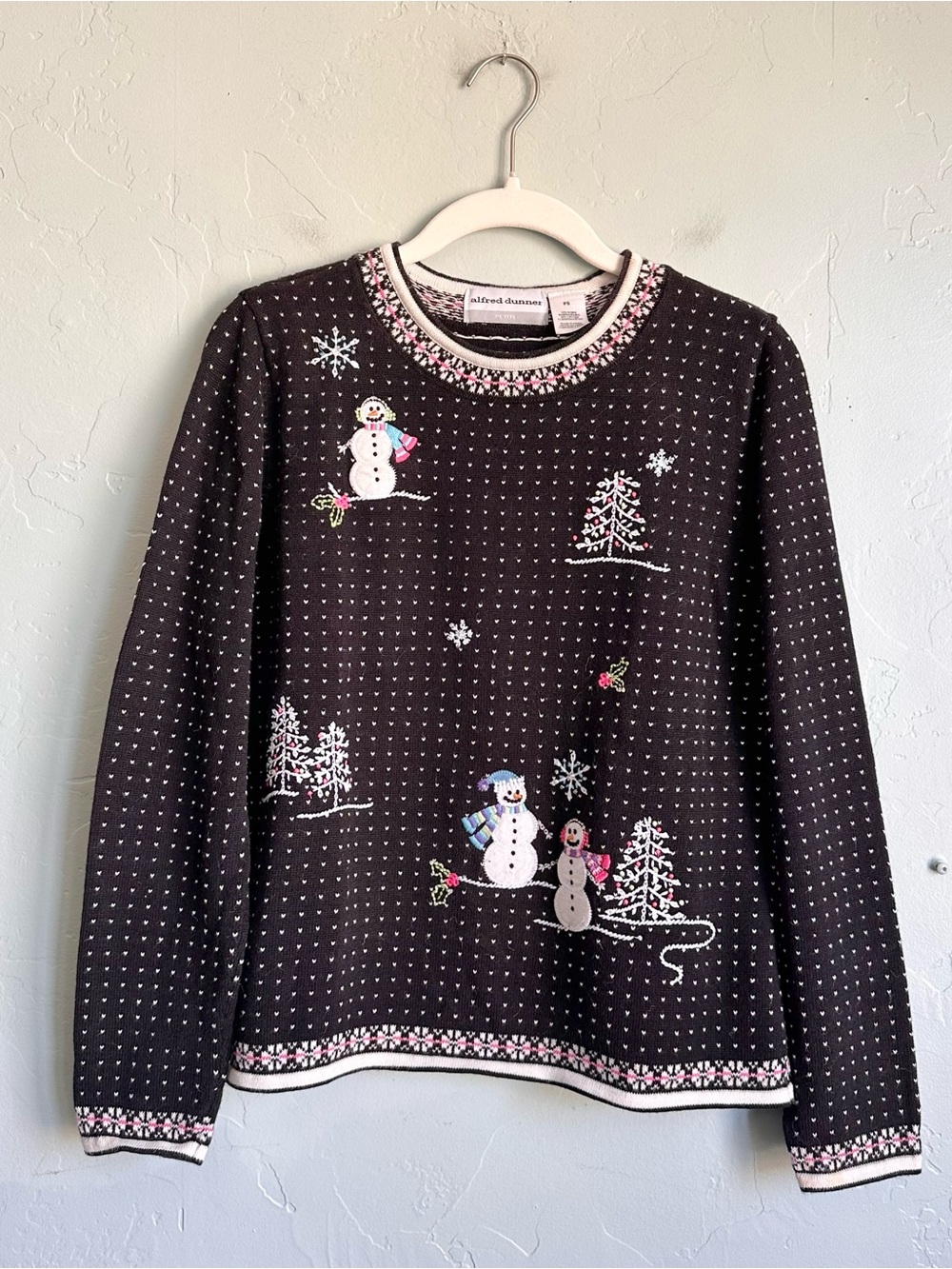 Alfred Dunner Black Embroidered Snowman Crewneck Sweater